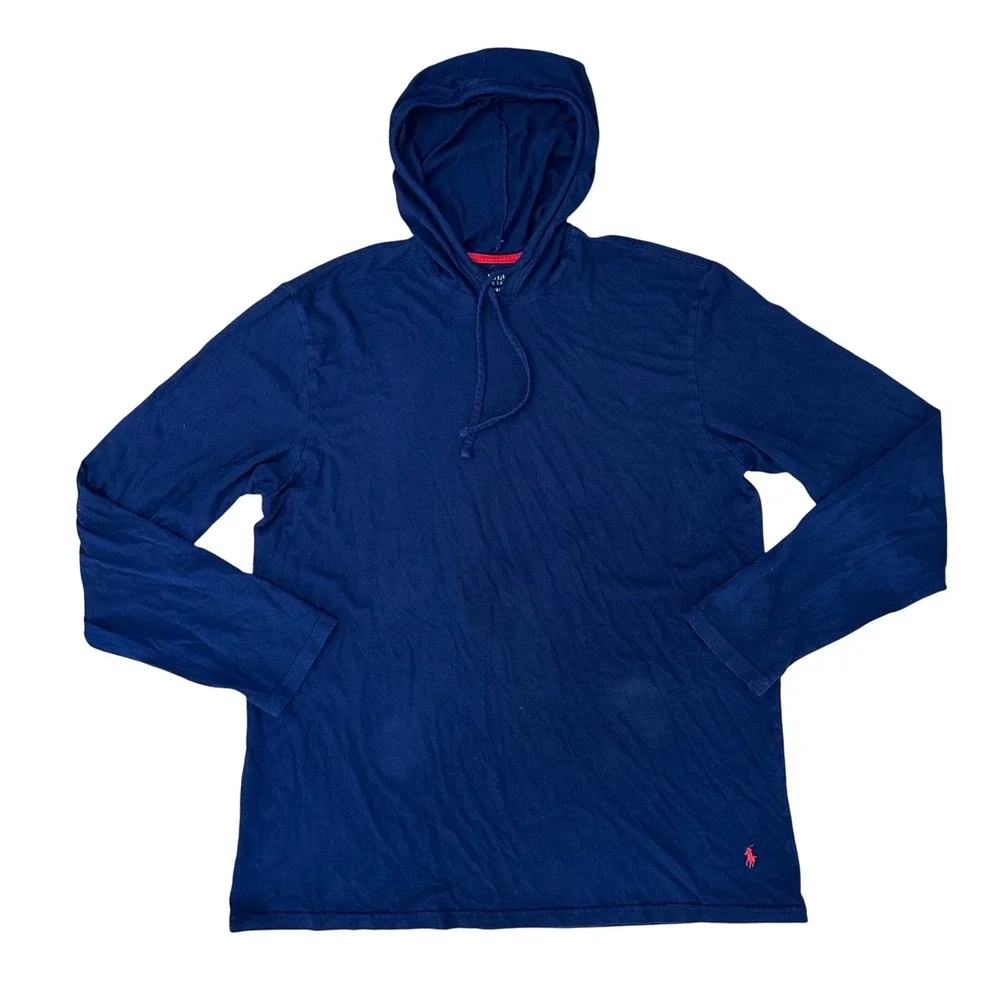Polo Ralph Lauren Mens Long Sleeve Hoodie Lightweight T-Shirt Navy Red Pony Logo